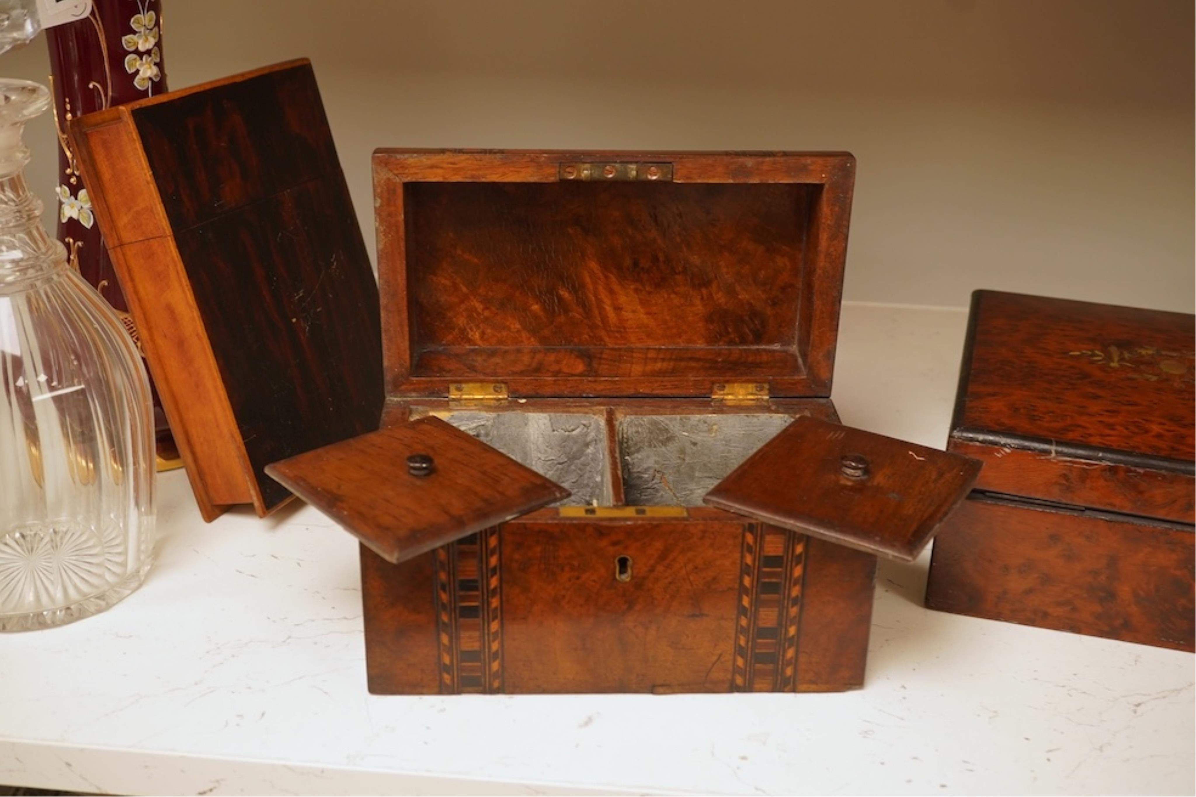 A 19th century French thuya box, Victorian tea caddy and an Art Nouveau book-shaped box, largest 20cm high